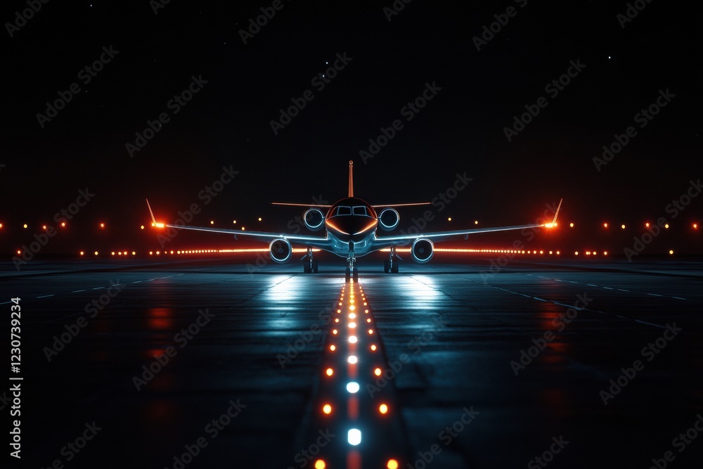 Poster Airplane prepares for takeoff on illuminated runway with navigation lights at night. Generative AI