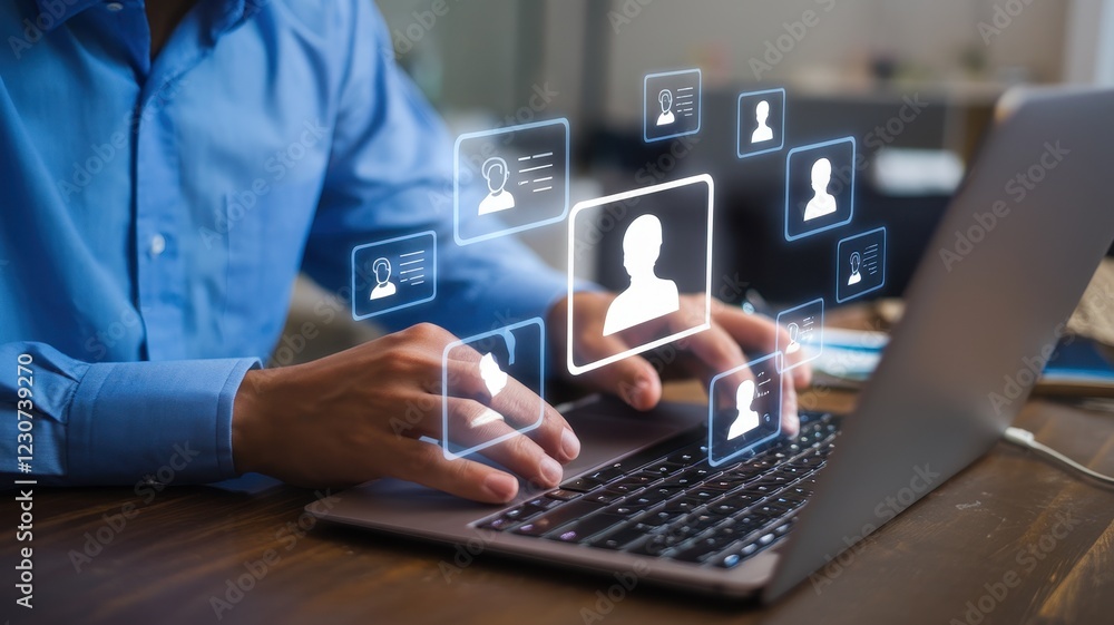 Poster digital networking: a person using a laptop to connect and manage online profiles and contacts throu