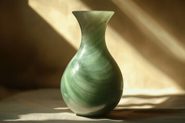 Elegant green glass vase with a smooth curved design in soft lighting