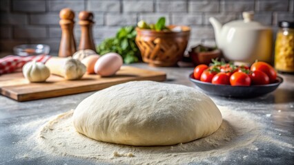 Fototapeta premium Raw pizza dough on a countertop surface waiting to be rolled out, homemade pizza