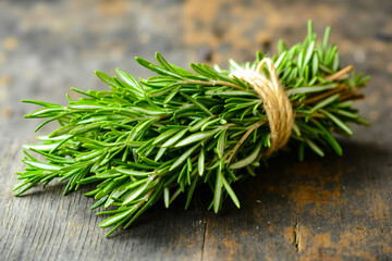 A bunch of fresh rosemary on a wooden table