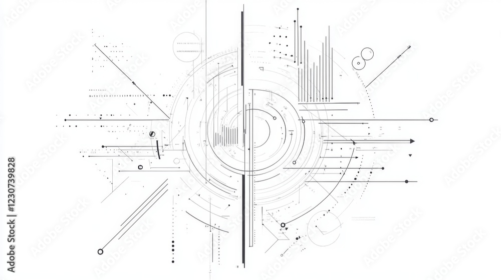 Poster abstract geometric design with lines, circles, and data points.