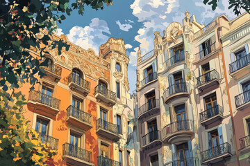 Fototapeta premium Illustration of traditional Barcelona, Spain buildings facades with classic balconies, soft colors, and artistic style