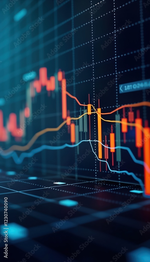 Poster digital stock market graph shows fluctuating trends. data visualization represents financial market 