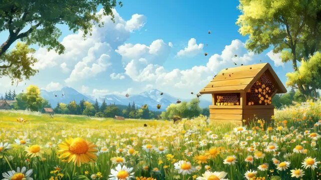 Bees buzz in vibrant meadow with blooming flowers and rustic cabin