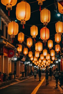 Lanterns Hanging in Streets in Chinese New Year