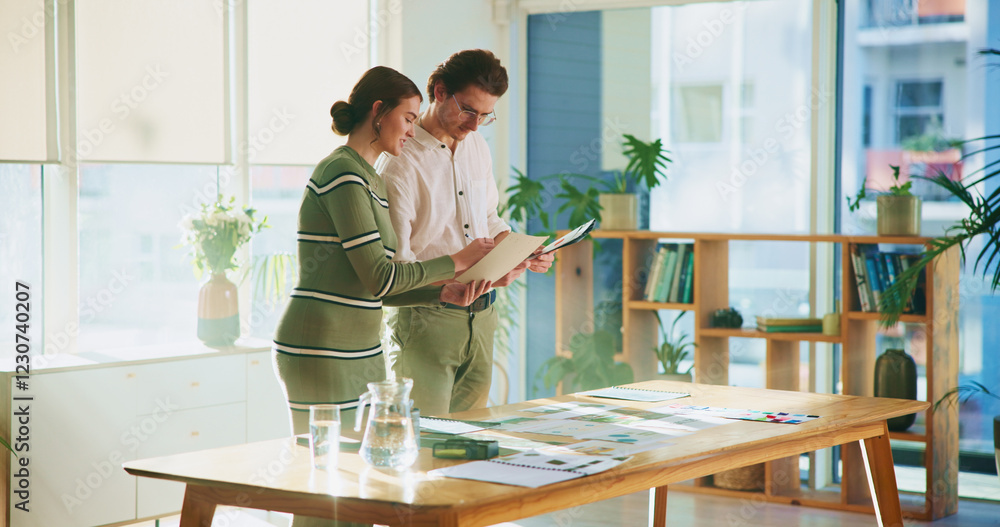 Poster Design, documents and tablet with editor team in creative workplace for discussion or planning. Collaboration, conversation or magazine with business man and woman in office boardroom for publishing