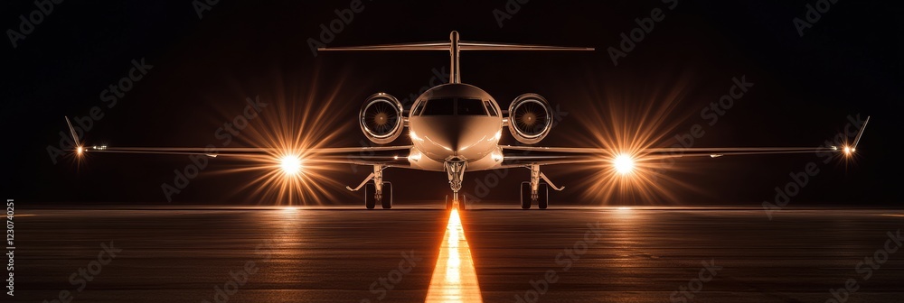 Leinwandbilder illuminated runway with airplane surrounded by navigation lights at night. generative ai