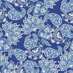 Floral fabric background with paisley ornament. Seamless vector pattern