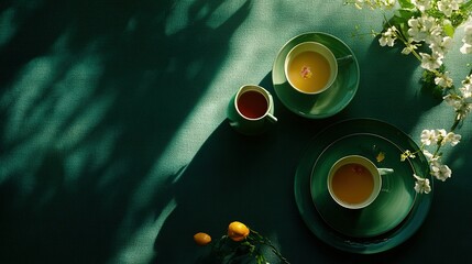   Two cups of tea on a green plate with a vase of white flowers and oranges