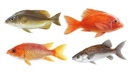 Fototapeta premium Colorful Collection of Freshwater Fish Species on White Background