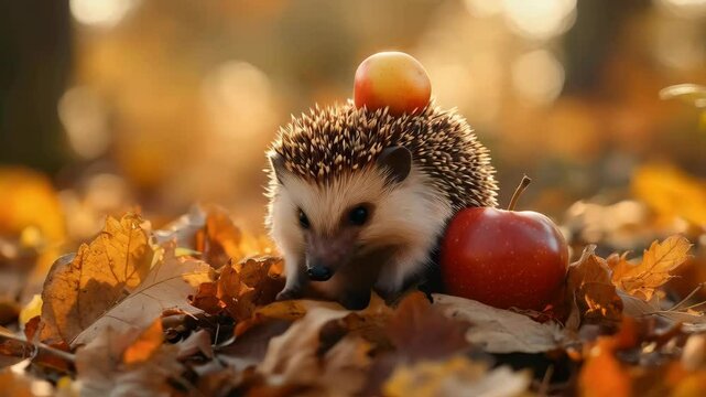 Curious hedgehog in autumn leaves with apple and orange balancing act