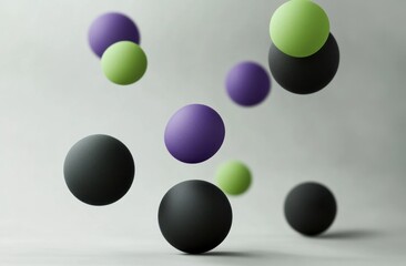 Floating spheres, purple, green, black, abstract background.