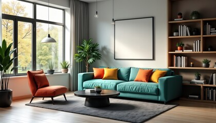 Modern apartment living room with bright sunlight streaming through large windows. Cozy teal sofa with vibrant orange, yellow pillows. Stylish orange armchair. Dark coffee table sits on gray rug.