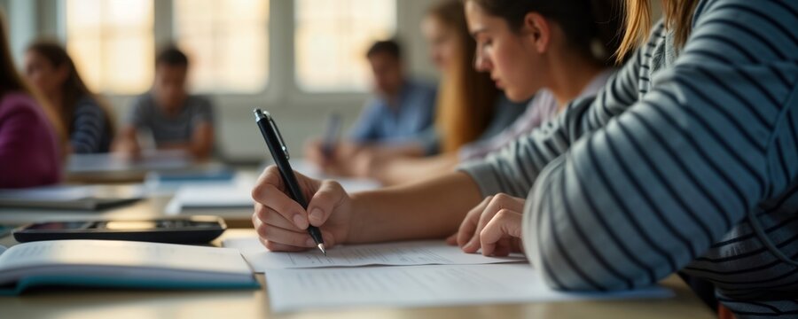 Students concentrate on educational admission test. Focused young people in classroom take test. Actively write answers with pens. Students in university class. Focused, writing diligently. Exam