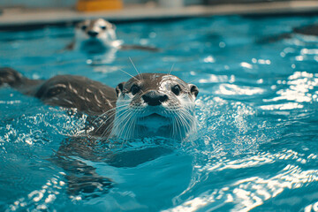 Fototapeta premium Otter swimming in turquoise pool, another otter in background.