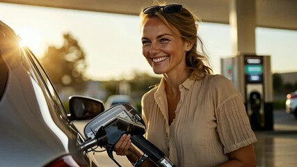 Cheerful Woman Refueling Car at Modern Petrol Station