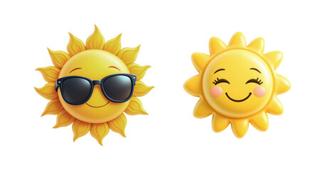 Two cheerful sun characters with different facial expressions and accessories, isolated on transparent and white background