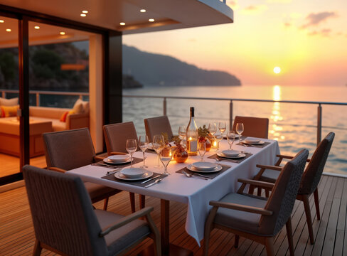 Luxury outdoor dining on a yacht at sunset. Table set for a romantic lunch. View of the sea and the golden hour sky. Elegant setting. Fine dining ambiance on a cruise vacation. - Powered by Adobe