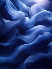 Fototapeta premium Blue silk fabric flowing, studio shot, dark background, textile design