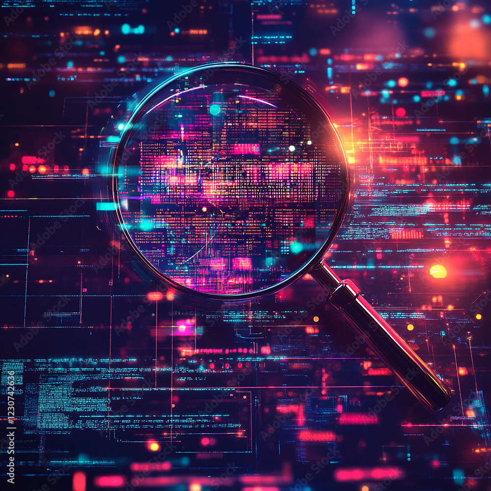 Poster Magnifying glass on abstract data streams, representing data analysis, technology, and digital exploration in a futuristic, colorful setting.