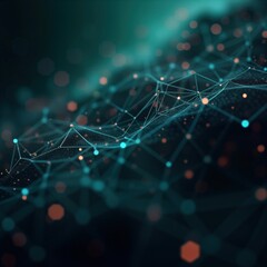 Abstract polygonal space design. Dark background shows interconnected dots, lines. Futuristic network pattern. Modern, techy. Geometric forms. Crystal, blue tones create dynamic abstract image. Ideal