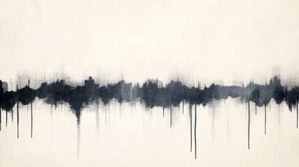 Abstract grayscale ink wash painting, horizontal wave pattern on beige background.