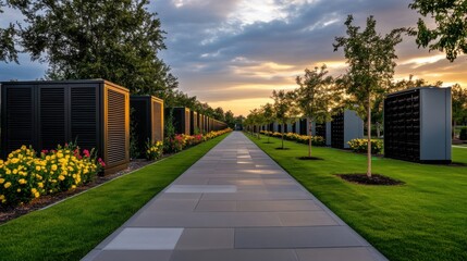 Obraz premium Serene Landscape with Flower Beds and Modern Storage Units Under Colorful Sunset Sky