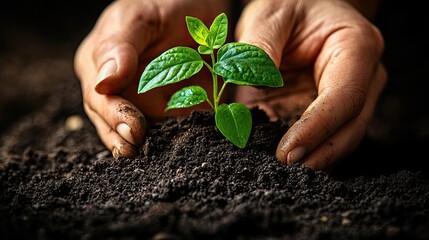 Close-up of hands holding a young green plant growing in dark soil.