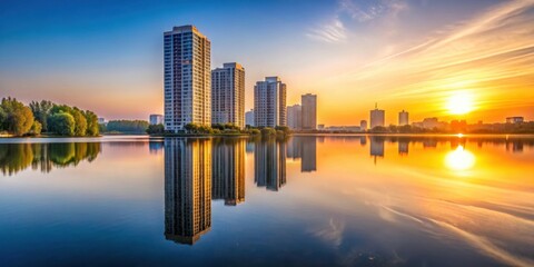 Fototapeta premium Contemporary high-rise building reflected in a calm lake at sunrise, contemporary style
