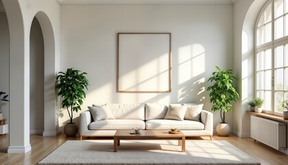 Bright living room with light colors, Scandinavian style. Modern furniture including light beige sofa, wooden coffee table. Two green houseplants located in room. Large window lets in natural light.