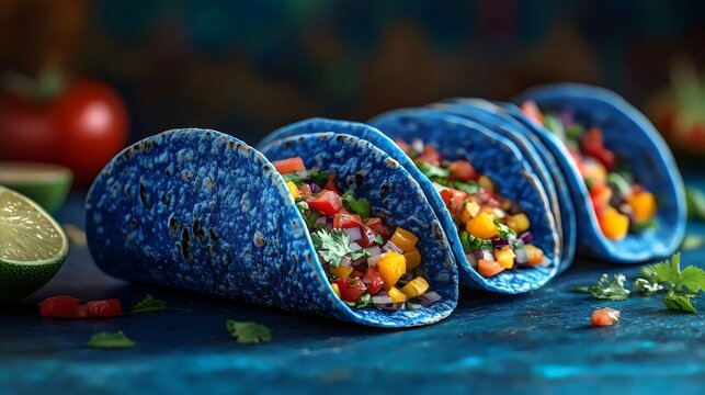 Three blue tacos with a variety of vegetables and a lime on the table