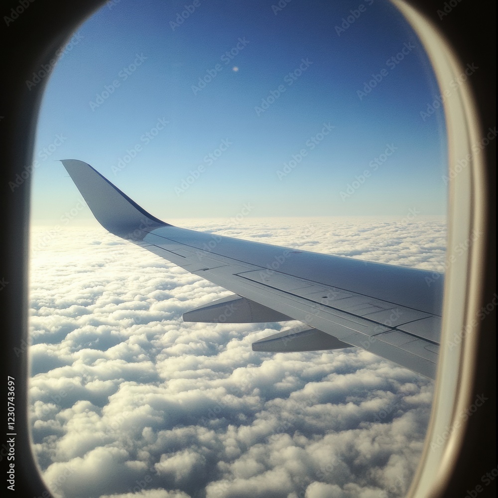 Poster view of airplane wing soaring over fluffy clouds in bright blue sky. generative ai