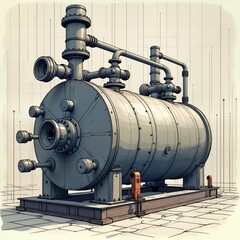 Obraz premium Large metal machine. Industrial design. Vintage style. Retro machine. Complex machinery with pipes. Industrial revolution era tech. Factory equipment. Looks old. Metal, steel structure. Steam power