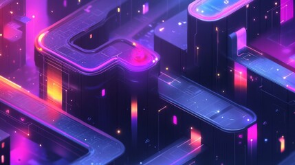 Obraz premium Futuristic Cityscape at Night Neon Lights Glowing Purple Pink Blue Architecture