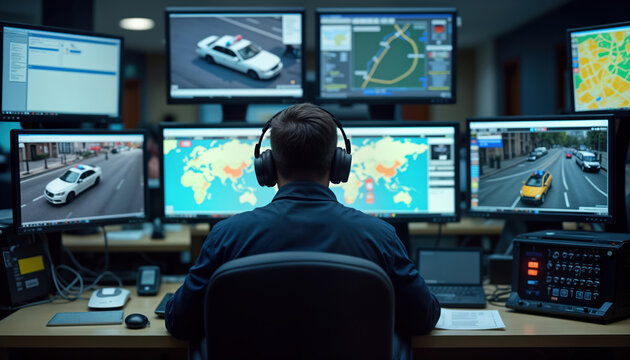 Person works in emergency dispatch center. Many screens show real-time video feeds, location data. Dispatcher coordinates emergency responses by communicating with police, fire, medical teams, giving