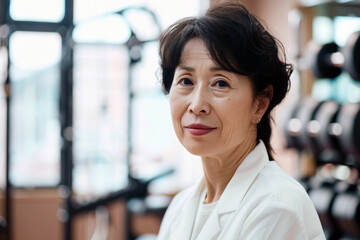 Fototapeta premium Portrait of a mature Japanese female rehabilitation doctor during a patient's appointment in the gym of a rehabilitation center