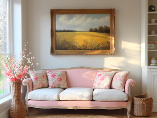 Classic living room in pastoral minimalistic style mockup, light pink and rice white, floral pillow sofa and window. 300dpi, 3d render. interior design mockup