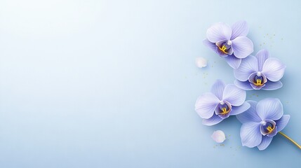   Purple orchids on a blue background with gold accents and scattering confetti