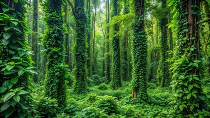 Obraz premium Dense jungle foliage with vibrant green leaves and vines covering tree trunks , overgrowth, tree cover