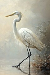 Fototapeta premium A stunning portrait of a graceful white bird perched on the edge of a tranquil lake, surrounded by lush green foliage and vibrant blooms