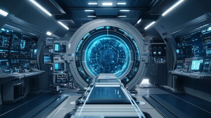 Futuristic Control Room with Glowing Blue Portal and Digital Interface