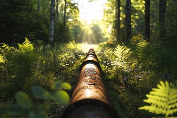Rusty pipe stretches through a sunlit forest path, surrounded by ferns and wildflowers.