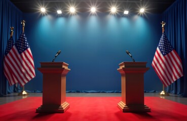 Studio setting features wooden podiums with microphones. American flags backdrop suggests political debate during elections. Bright studio lighting presentation area. Photo of political debate stage.