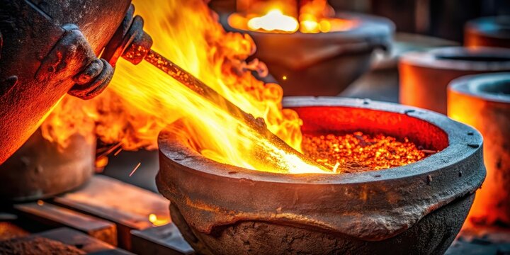Close-up shot of a red-hot metal half-branch partially melted in the crucible, showing its intricate details and texture, furnaces, smoldering