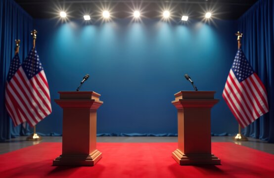 Studio setting features wooden podiums with microphones. American flags backdrop suggests political debate during elections. Bright studio lighting presentation area. Photo of political debate stage. - Powered by Adobe