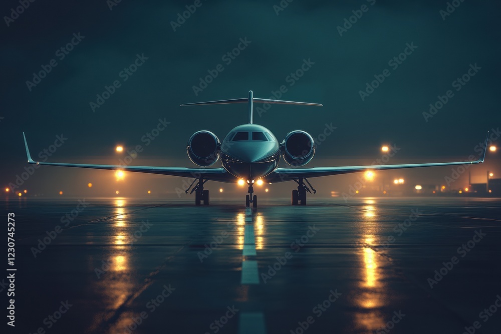Poster airplane on illuminated runway at night with stunning navigation lights and dark skies. generative a