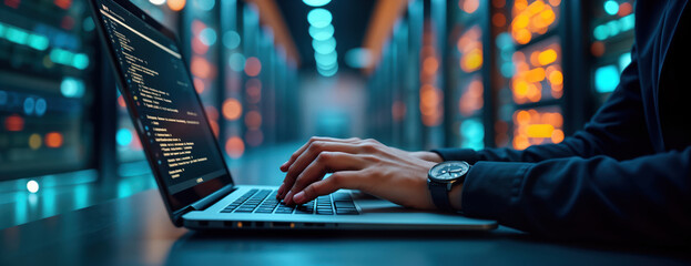Person types on laptop in server room. Focus on hands typing on keyboard. Person works on website design. Tech background shows data center. Modern tech concept. Pro work environment. Looks like web