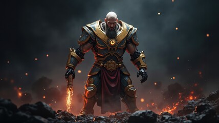 Fototapeta premium Powerful fantasy warrior holding glowing mace in burning battlefield