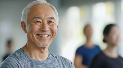 Obraz premium Smiling Elderly Asian Man with Beard, in Fitness Studio with Blurred People